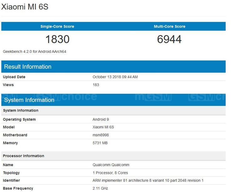 Xiaomi Mi 6S w Geekbench Xiaomi Mi 6S w Geekbench