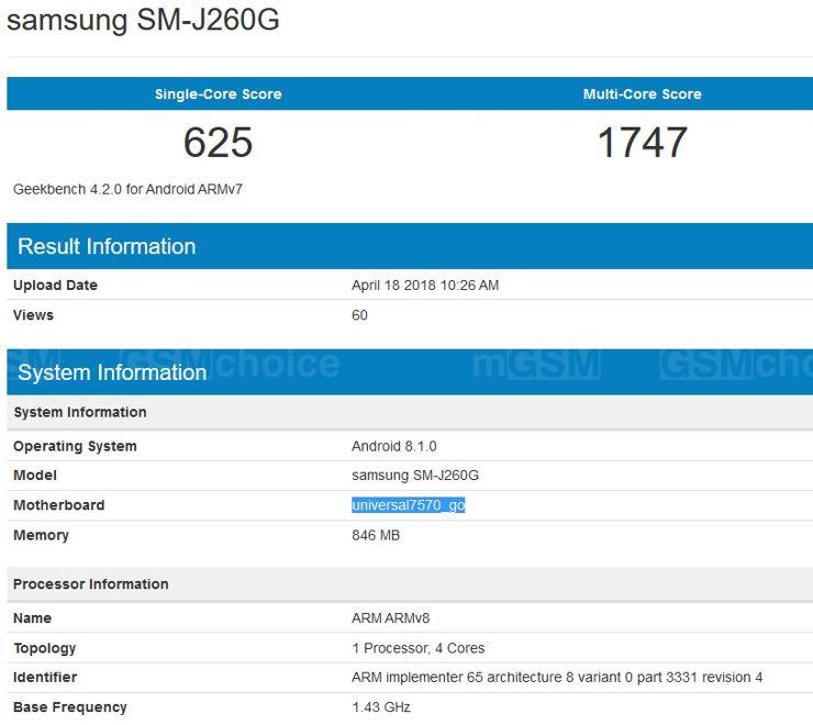 Samsung SM-J260G w Geekbench Samsung SM-J260G w Geekbench