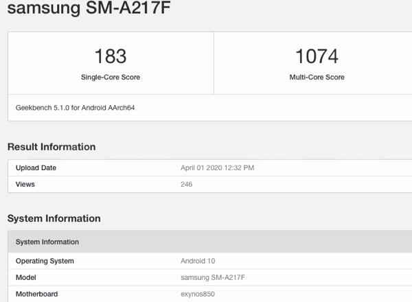 Samsung Galaxy A21s w Geekbench