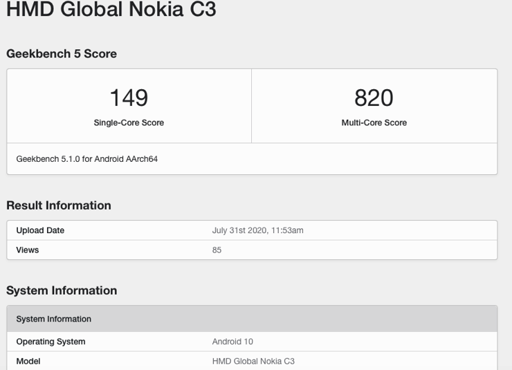 Nokia C3 w Geekbench Nokia C3 w Geekbench