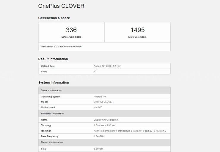 OnePlus Clover w Geekbench OnePlus Clover w Geekbench