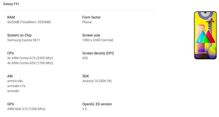 Samsung Galaxy F41 w Google Play Console Samsung Galaxy F41 w Google Play Console
