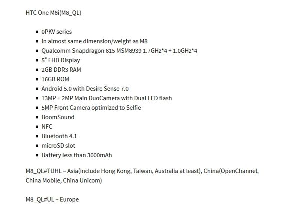 HTC One M9 Mini vel M8i opisany przez Upleaks