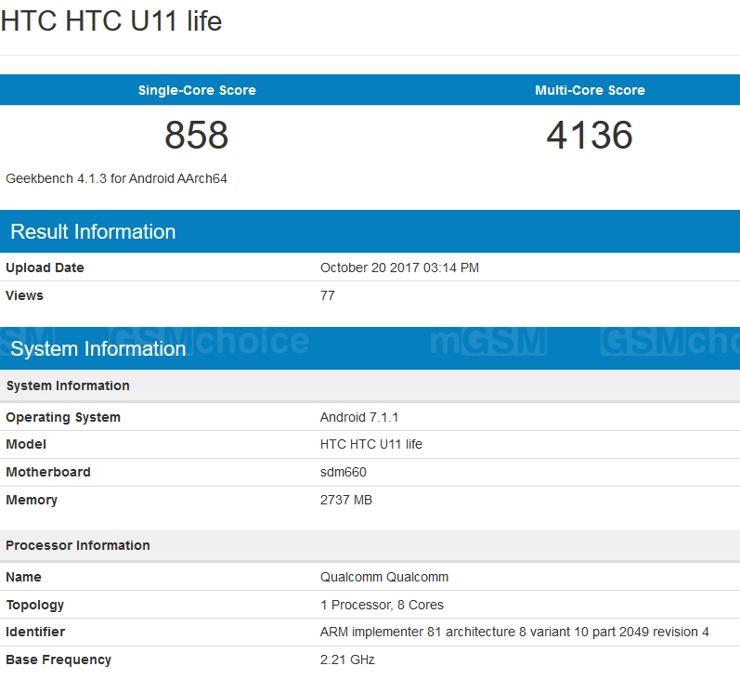 HTC U11 Life w Geekbench