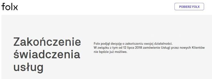 Komunikat na stronie Folx