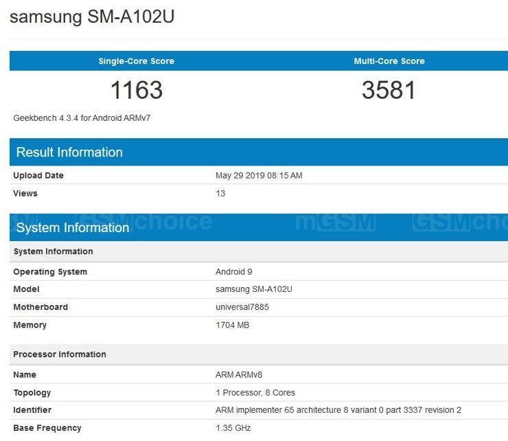 Samsung Galaxy A10e w Geekbench