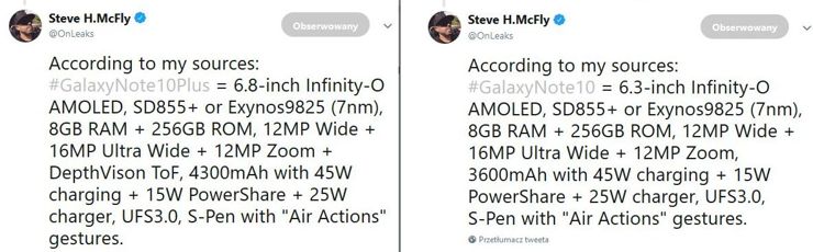 Specyfikacje według OnLeaks Specyfikacje według OnLeaks