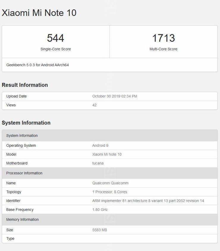 Xiaomi Mi Note 10 w Geekbench