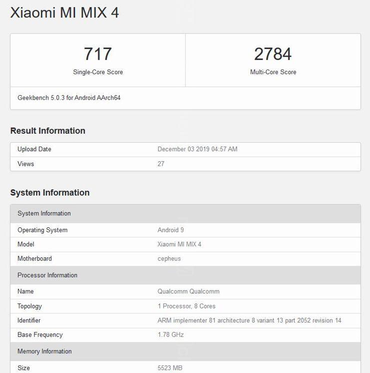 Xiaomi Mi Mix 4 w Geekbench