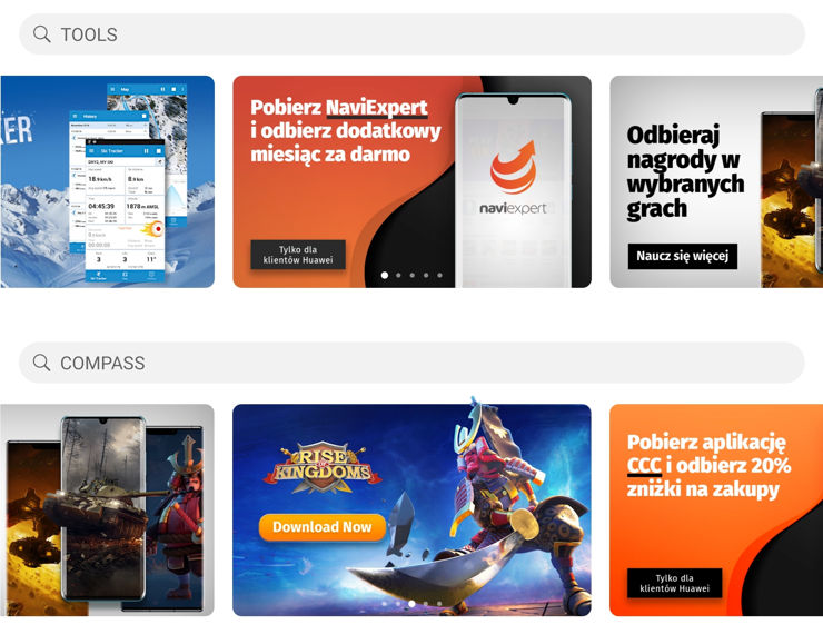 Huawei AppGallery - propozycje wyszukiwania i infografiki z najpopularniejszymi propozycjami