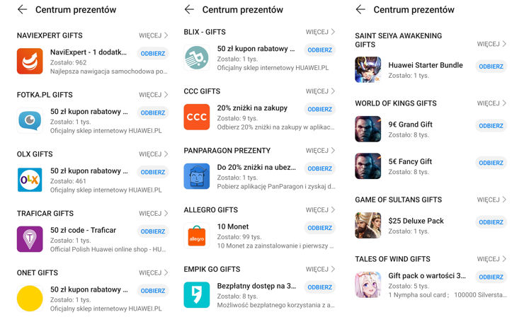 Huawei AppGallery - przykładowe pozycje działu prezenty (aktualne w dniu publikacji artykułu)