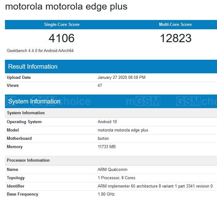 Motorola Edge+ w Geekbench