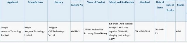 Baterie potencjalnych modeli z linii Galaxy S21