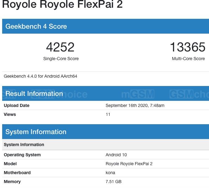 Royole Flexpai 2 w Geekbench