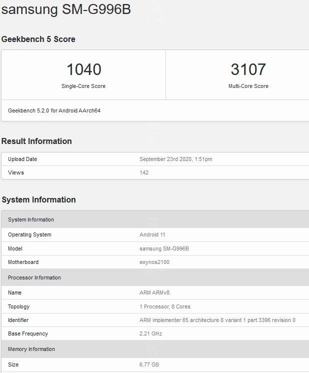 Samsung SM-G996B w Geekbench