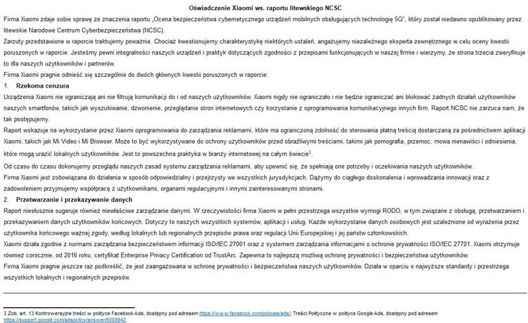 Oświadczenie Xiaomi z dn. 27 września 2021