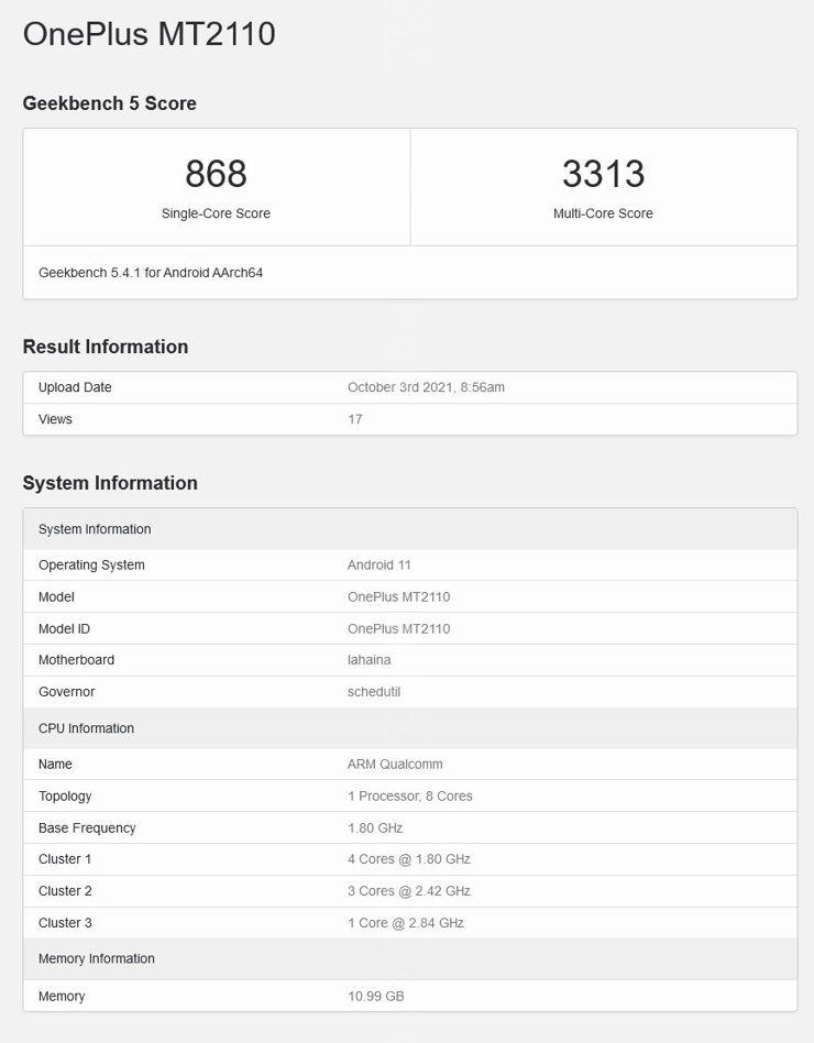 OnePlus 9RT w Geekbench
