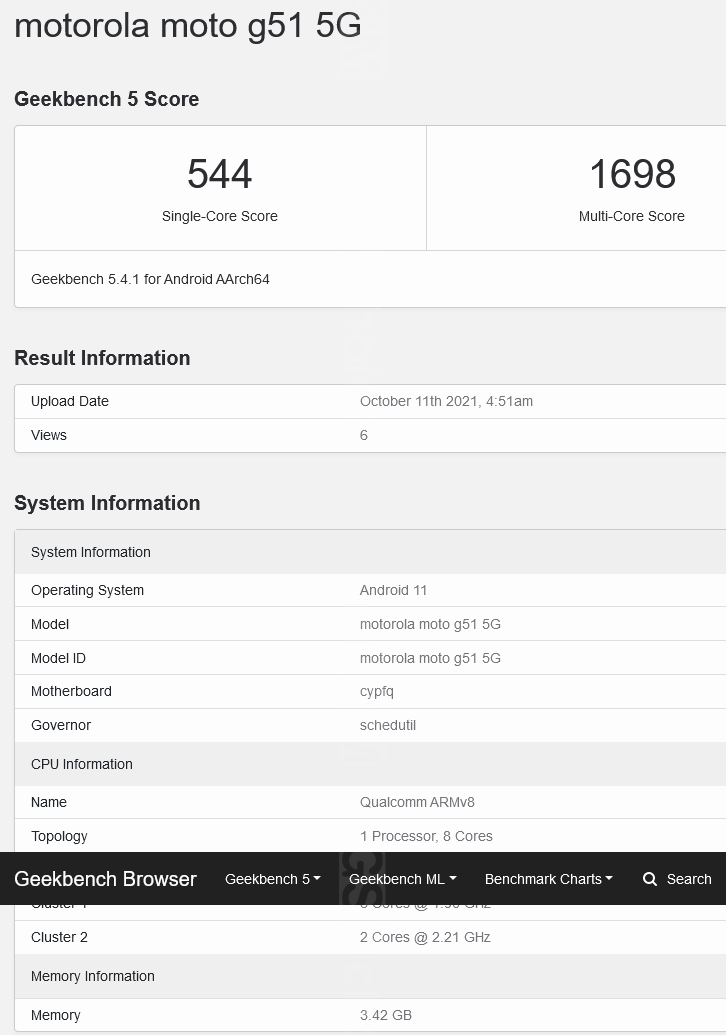 Motorola Moto G51 5G w Geekbench