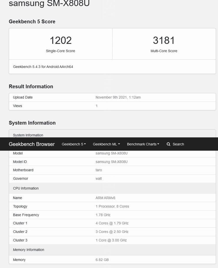 Samsung Galaxy Tab S8 w Geekbench