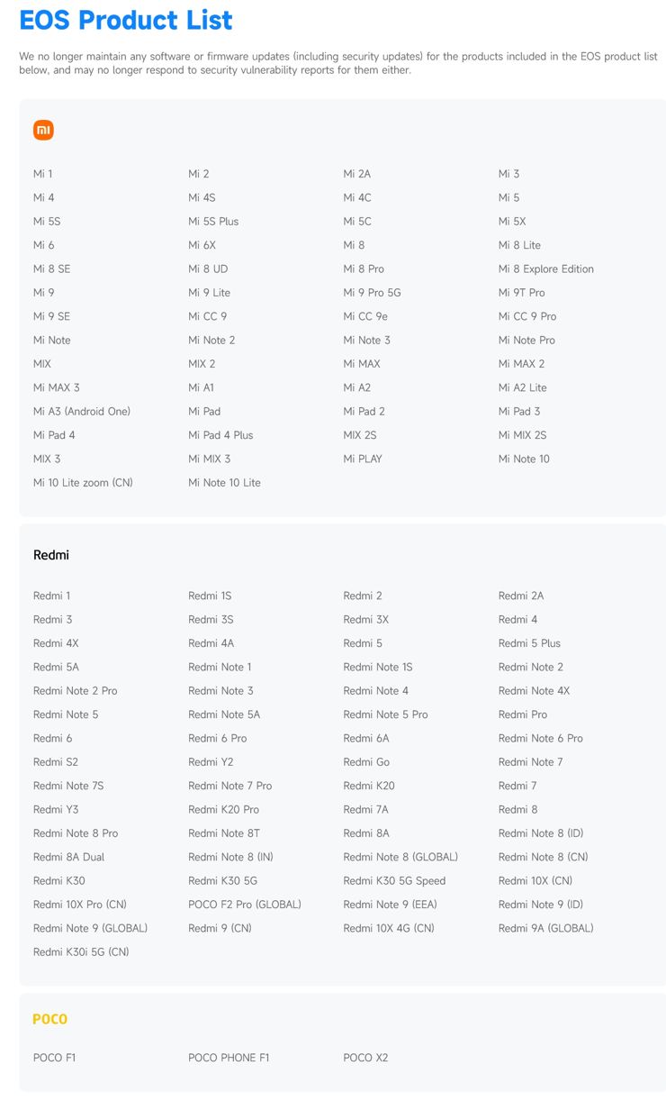Lista niewspieranych modeli Xiaomi