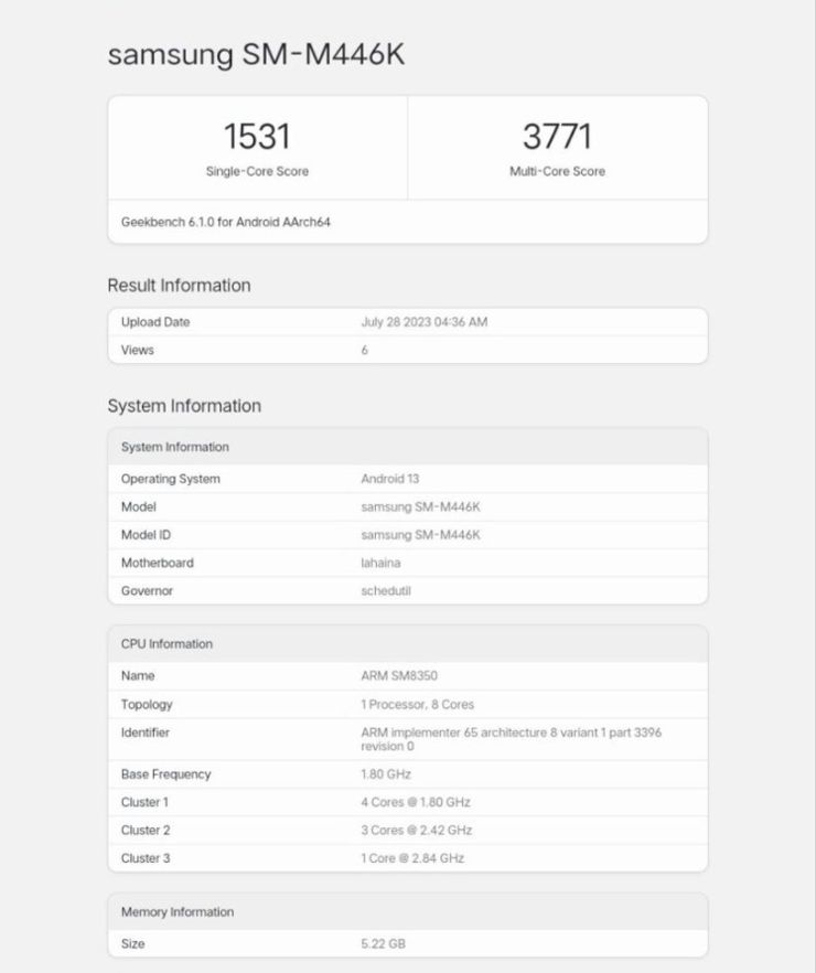 Samsung Galaxy M44 5G na Geekbench.
