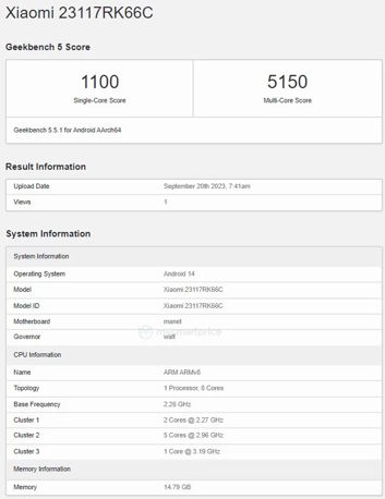 Wynik testu Xiaomi 23117RK66C w Geekbench