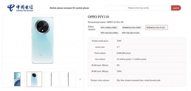 Częściowa specyfikacja Oppo A3 Pro