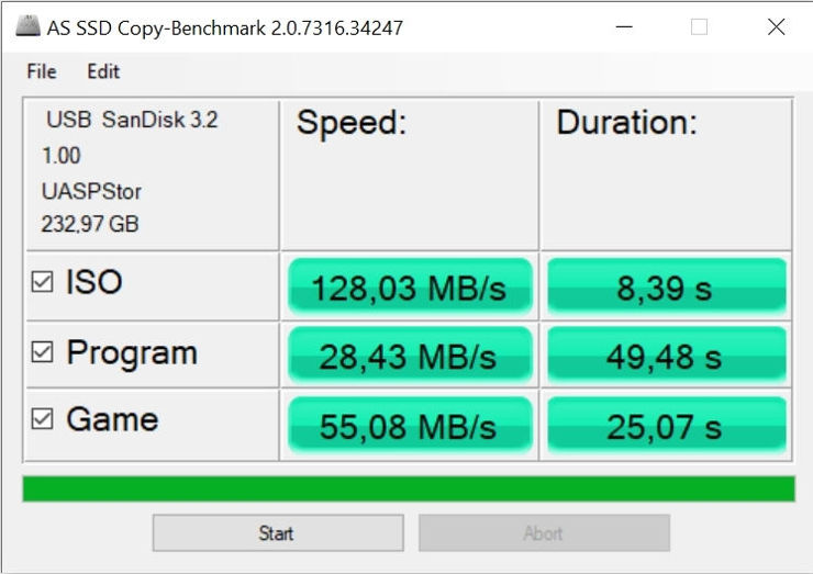 Sandisk Extreme Fit w AS SSD Benchmark - trzecia tabela