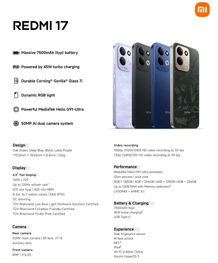 Specyfikacja Redmi 17 4G