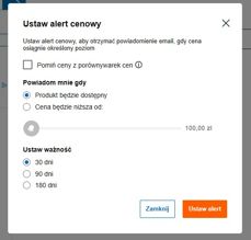 Okno ustawiania alertów cenowych Okno ustawiania alertów cenowych