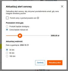 Okno ustawiania alertów cenowych Okno ustawiania alertów cenowych