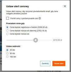 Okno ustawiania alertów cenowych Okno ustawiania alertów cenowych