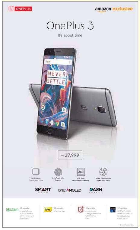 Reklama OnePlus 3 w Hindustan Times