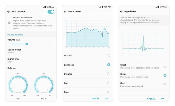 Zrzuty ekranu ustawień audio z LG V30