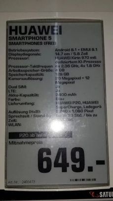 Specyfikacje modeli P20 Lite, P20 i P20 Pro