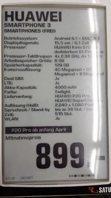 Specyfikacje modeli P20 Lite, P20 i P20 Pro