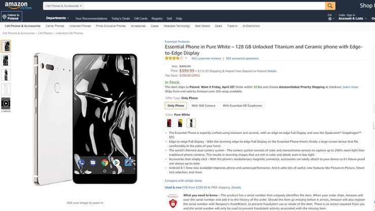 Essential Phone w amerykańskim Amazonie