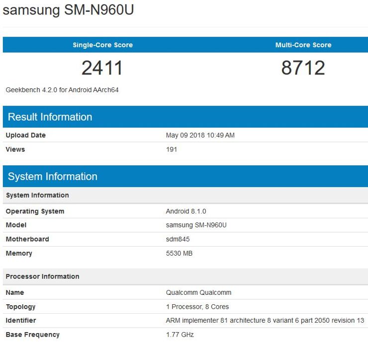 Samsung SM-N960U w Geekbench
