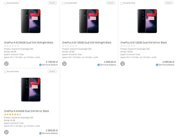 Modele OnePlus 6 w ofercie sklepu