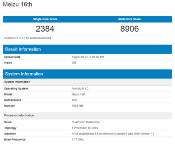 Wyniki z Geekbench dla Meizu 16 6/8 GB Wyniki z Geekbench dla Meizu 16 6/8 GB