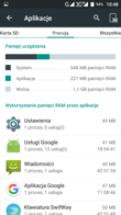 Menu aplikacji, zarządzanie aplikacjami, zużycie RAM-u