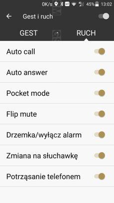 Ustawienia ekranu, sterowanie gestami i ruchem