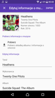 Aplikacja Muzyka:menu, przegląd muzyki, odtwarzanie piosenek, informacje o utworze, ustawienia odtwarzacza