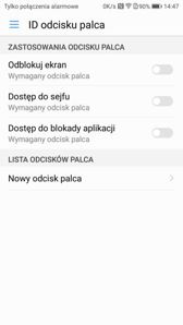 Skróty, powiadomienia, konfiguracja skanera papilarnego, panel skrótów, motywy, rozmowa