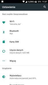 Menu ustawień, gestów i OTA