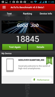 Wyniki benchmarków smartfonu Goclever Quantum 450: 3DMark, Antutu v5.0, Antutu Benchmark X, Vellamo, BaseMark oraz Nena